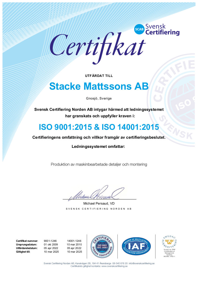 ISO 9001-14001 Certifikat - Stacke Mattssons