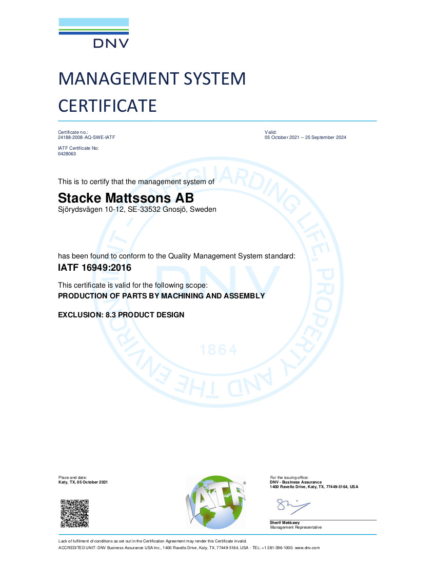 Stacke Mattssons Certifikat - IATF